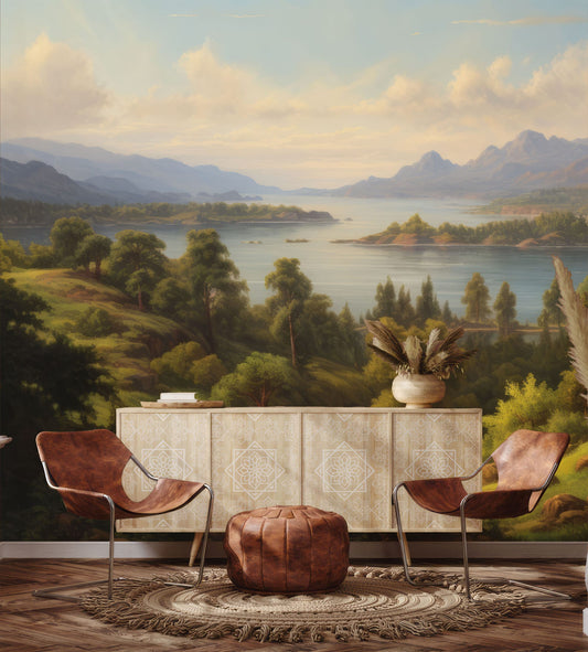 Timeless Tranquility Scenic Vintage Wallpaper – room setting, Golden Era Walls