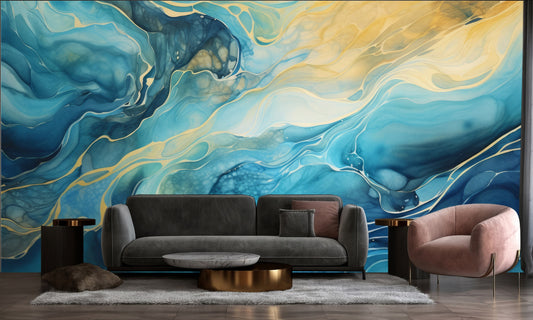 Fluid Art Abstract Modern Geometric Wallpaper – room setting, Golden Era Walls