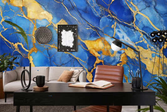 Gold Navy Marble Print Marble Wallpaper – lifestyle view, Golden Era Walls