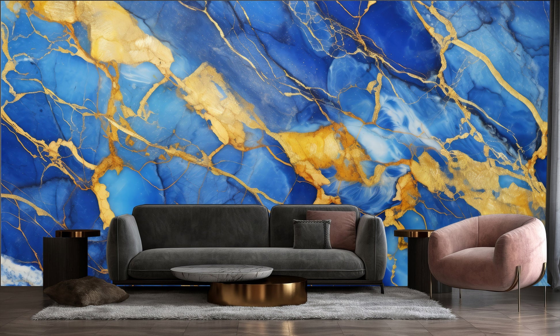 Gold Navy Marble Print Marble Wallpaper – peel and stick wallpaper mural, Golden Era Walls