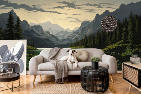 Watercolor Foggy Forest Woodland Wallpaper – detail view, Golden Era Walls
