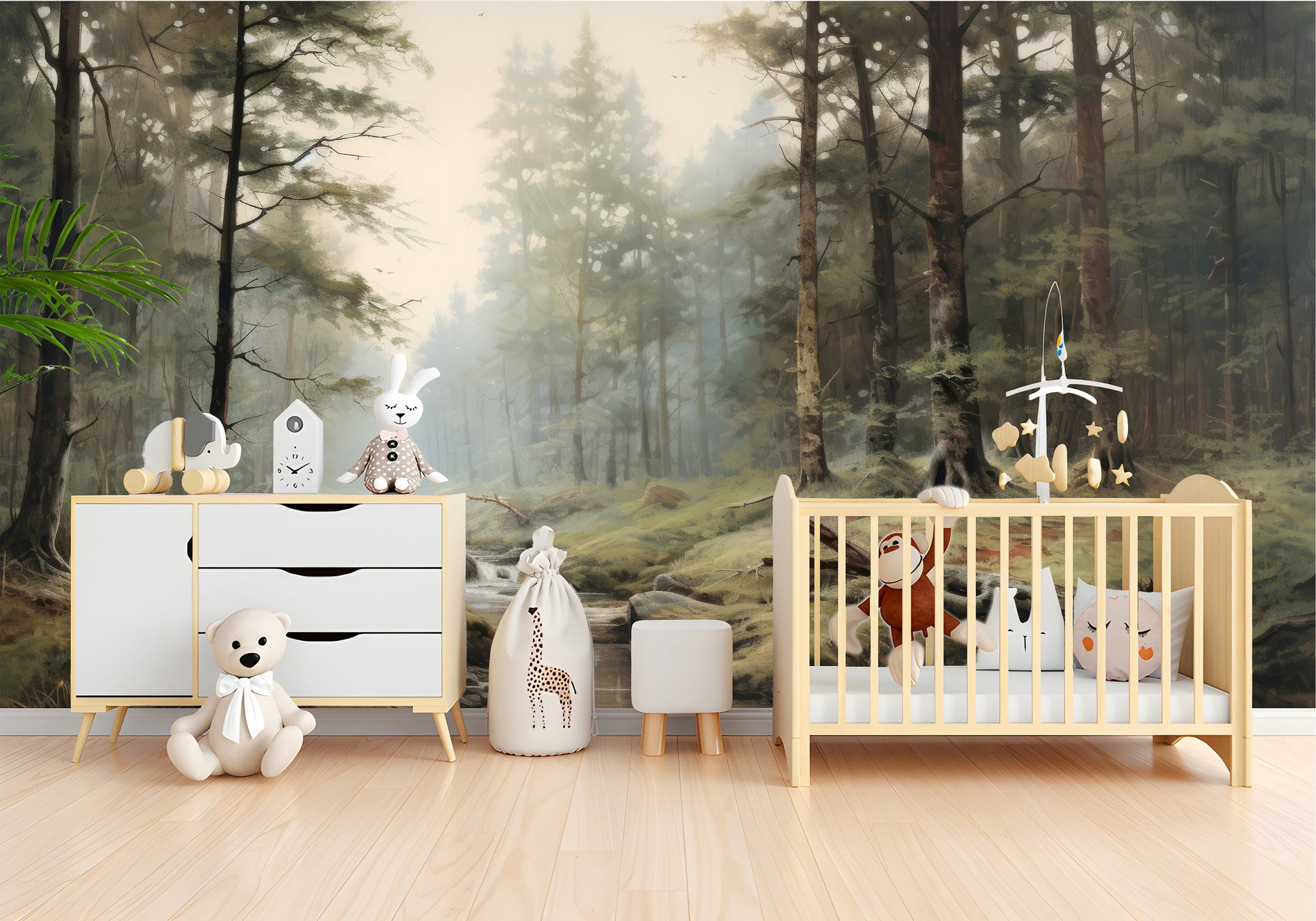 Foggy Forest Decor Vintage Wallpaper – scale reference, Golden Era Walls