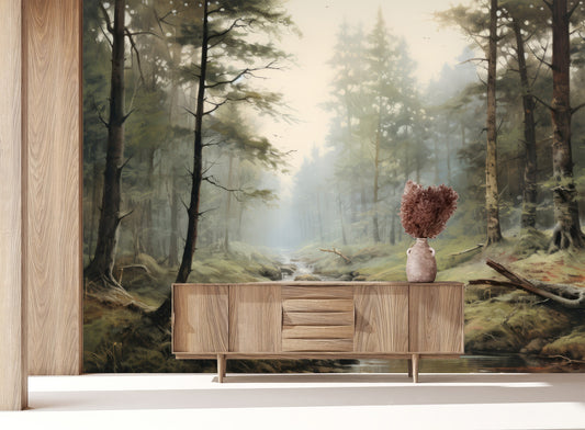 Foggy Forest Decor Vintage Wallpaper – detail view, Golden Era Walls