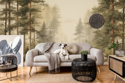 Foggy Forest Decor Vintage Wallpaper – room setting, Golden Era Walls