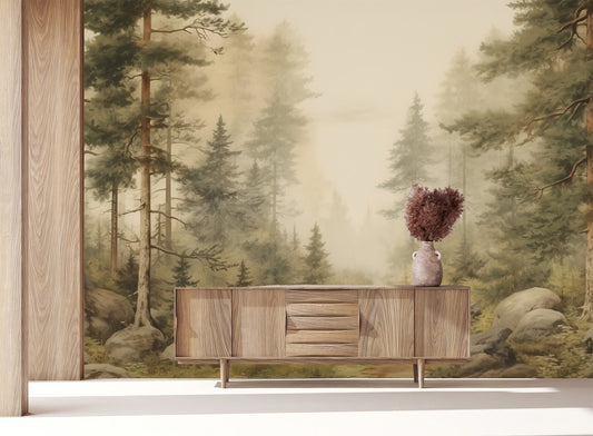 Foggy Forest Decor Vintage Wallpaper – peel and stick wallpaper mural, Golden Era Walls