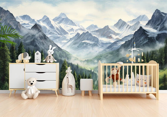 Foggy Pine Tree Watercolor Wallpaper – peel and stick wallpaper mural, Golden Era Walls