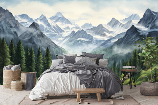 Foggy Pine Tree Watercolor Wallpaper – detail view, Golden Era Walls