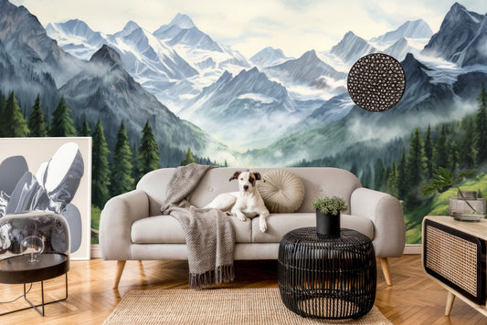 Foggy Pine Tree Watercolor Wallpaper – lifestyle view, Golden Era Walls