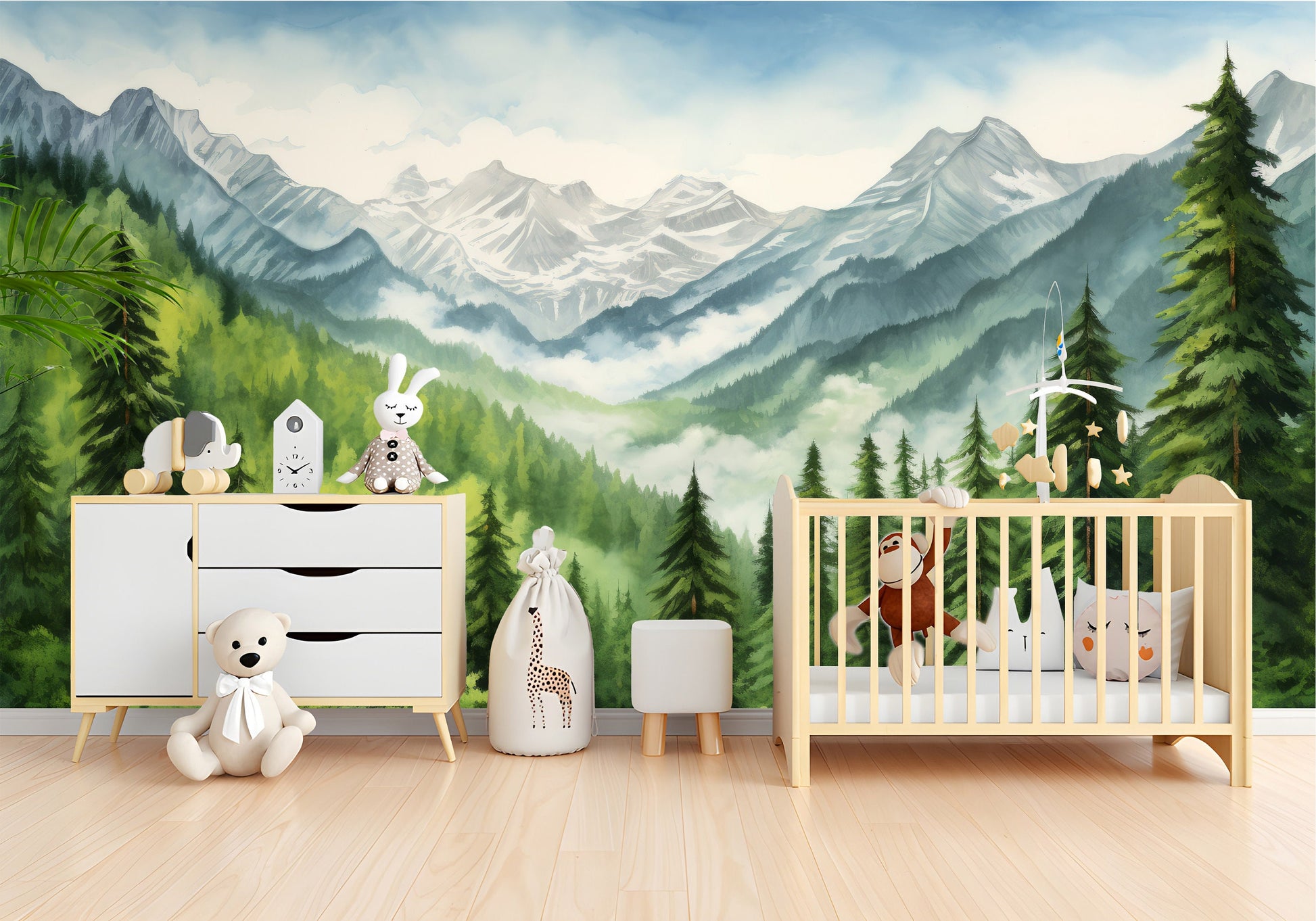 Forest Mountain Trees Decor Wallpaper – scale reference, Golden Era Walls