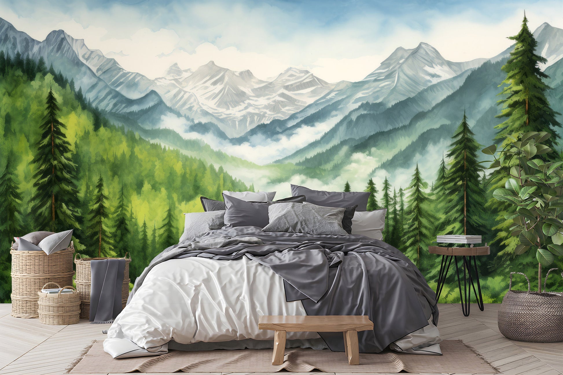 Forest Mountain Trees Decor Wallpaper – lifestyle view, Golden Era Walls