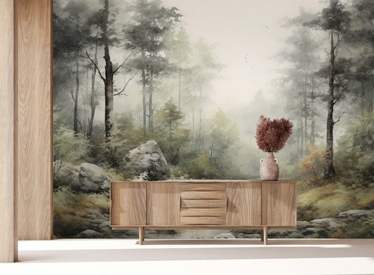 Forest Foggy Landscape Decor Wallpaper – lifestyle view, Golden Era Walls