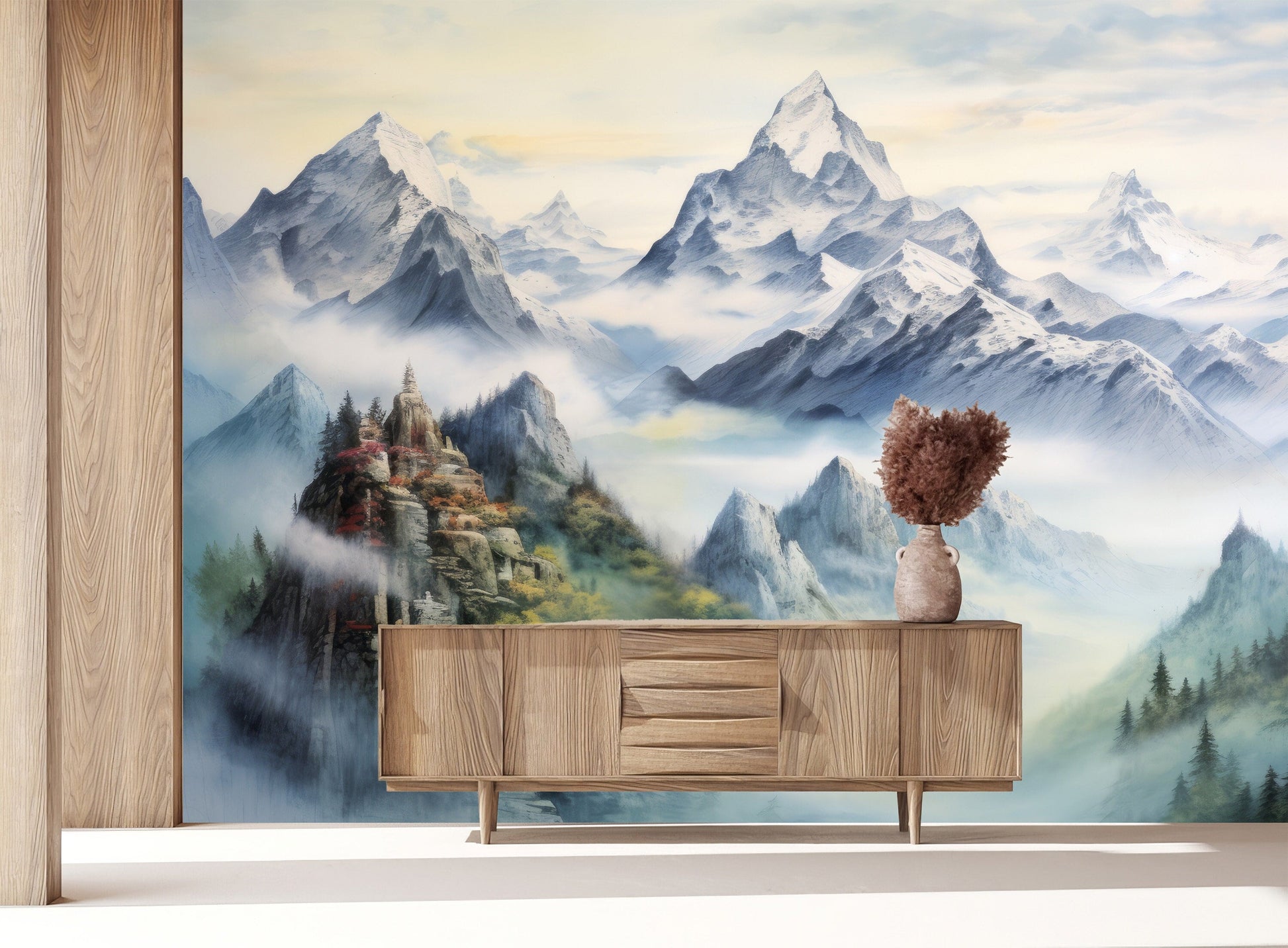Mountain Trees Forest Pine Wallpaper – peel and stick wallpaper mural, Golden Era Walls