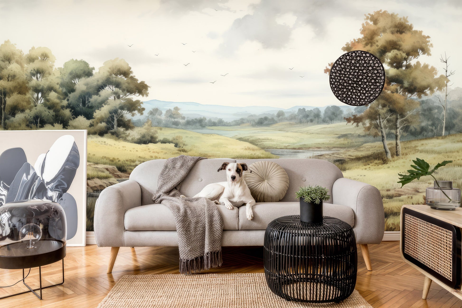 Watercolor Pine Tree Forest Wallpaper – lifestyle view, Golden Era Walls