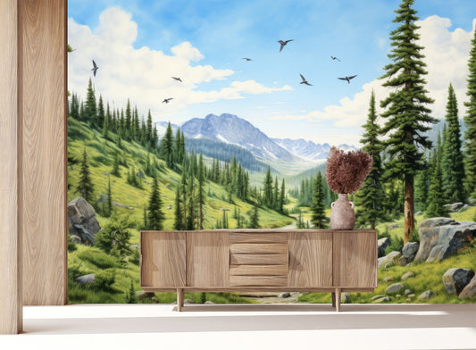 Pine Tree Forest Watercolor Wallpaper – lifestyle view, Golden Era Walls