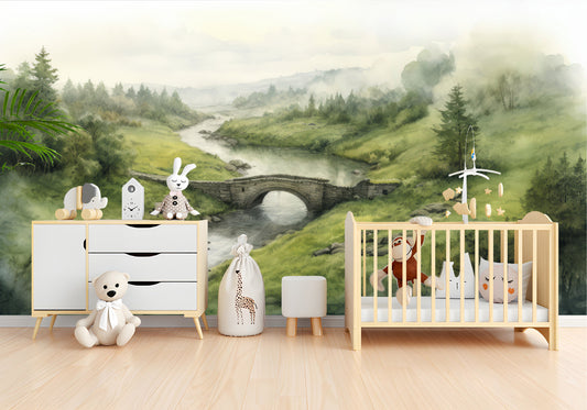 Scenic Forest Vintage Landscape Wallpaper – detail view, Golden Era Walls