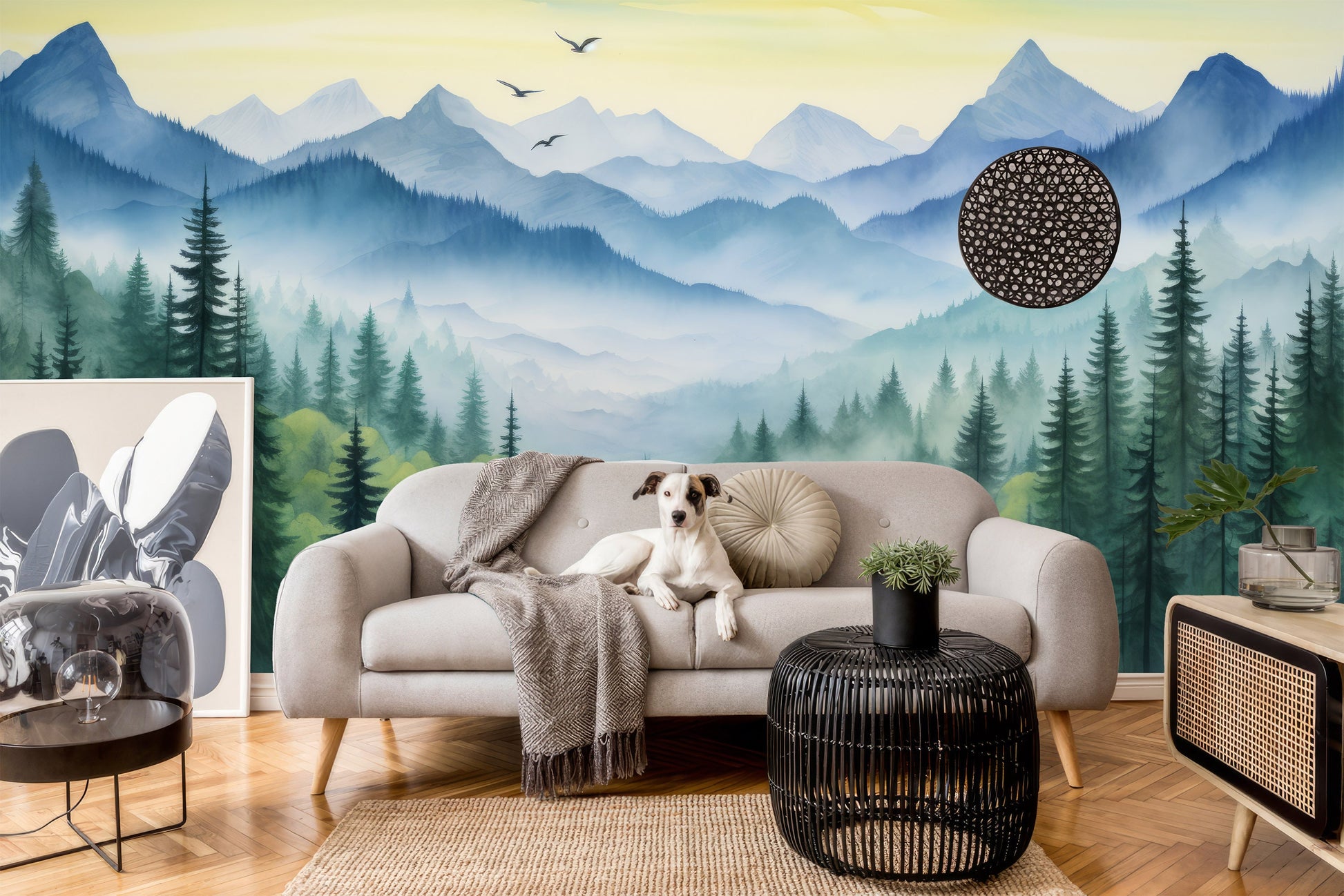Self Adhesive Pine Tree Wallpaper – lifestyle view, Golden Era Walls