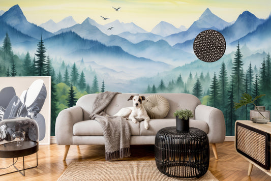 Self Adhesive Pine Tree Wallpaper – lifestyle view, Golden Era Walls