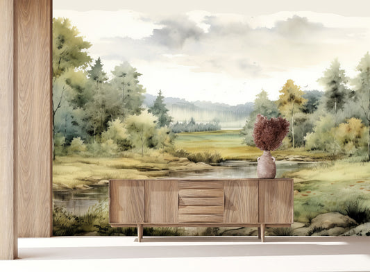 Vintage Landscape Foggy Forest Wallpaper – lifestyle view, Golden Era Walls