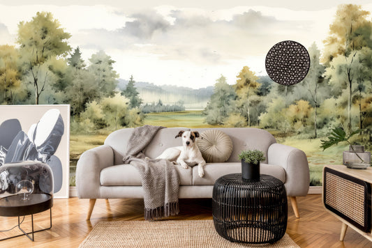 Vintage Landscape Foggy Forest Wallpaper – room setting, Golden Era Walls