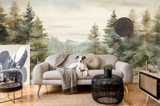 Vintage Landscape Roll Forest Wallpaper – lifestyle view, Golden Era Walls