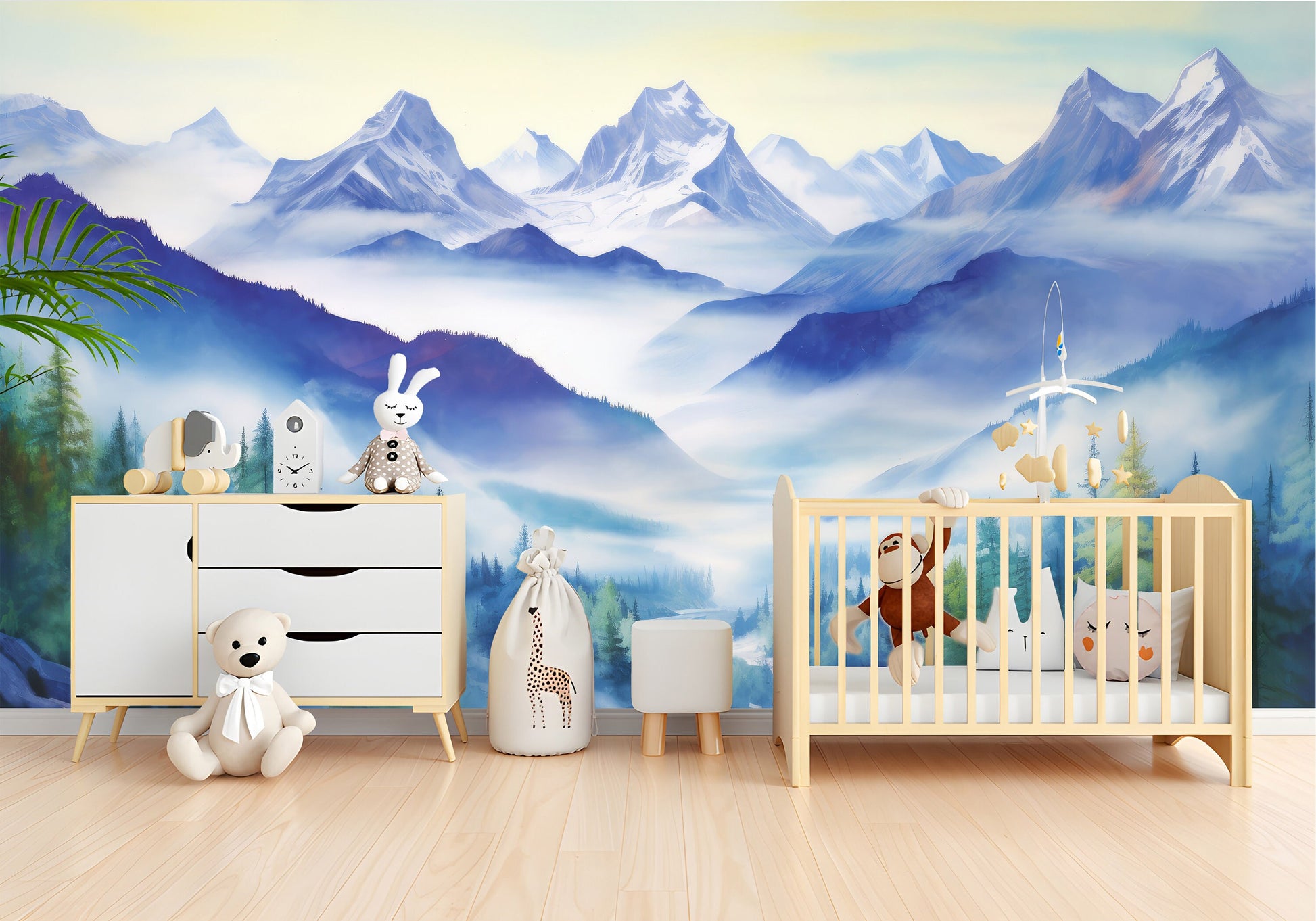 Watercolor Foggy Forest Mountain Wallpaper – detail view, Golden Era Walls