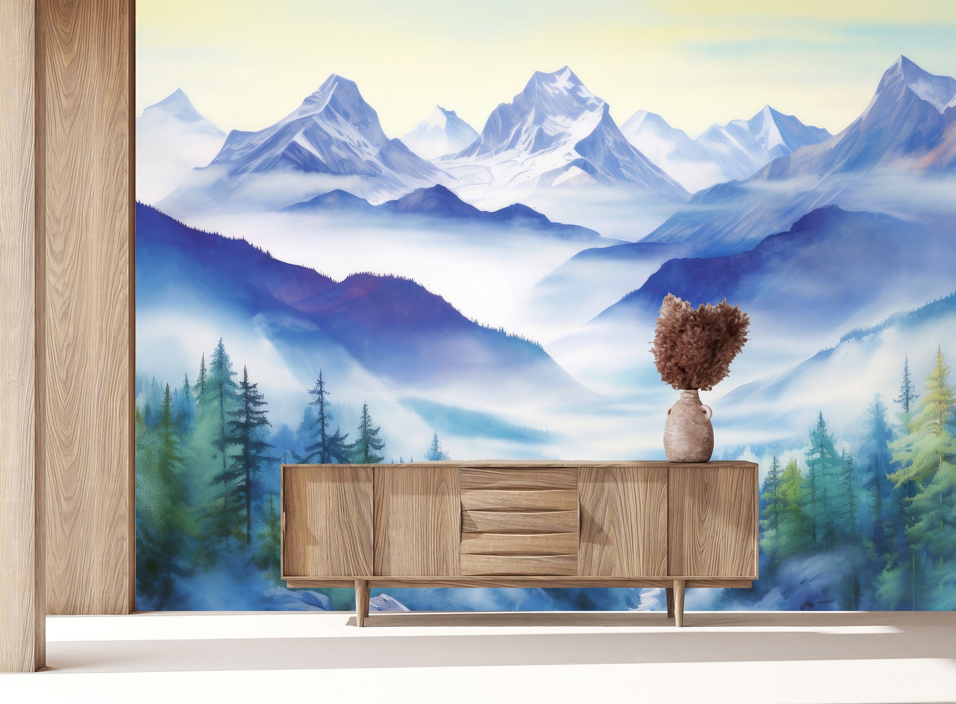 Watercolor Foggy Forest Mountain Wallpaper – room setting, Golden Era Walls