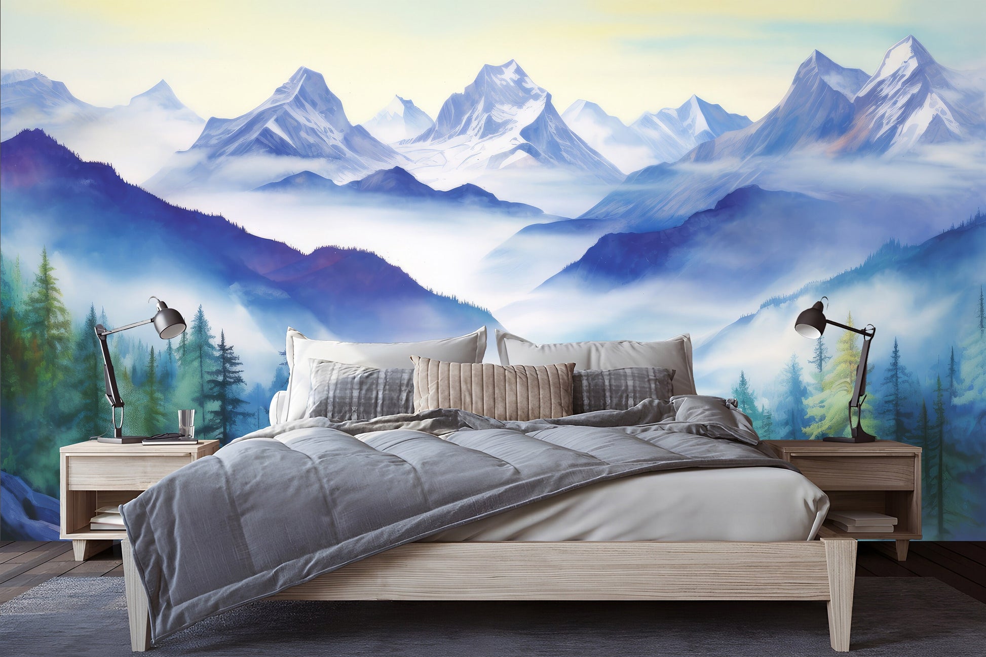 Watercolor Foggy Forest Mountain Wallpaper – scale reference, Golden Era Walls