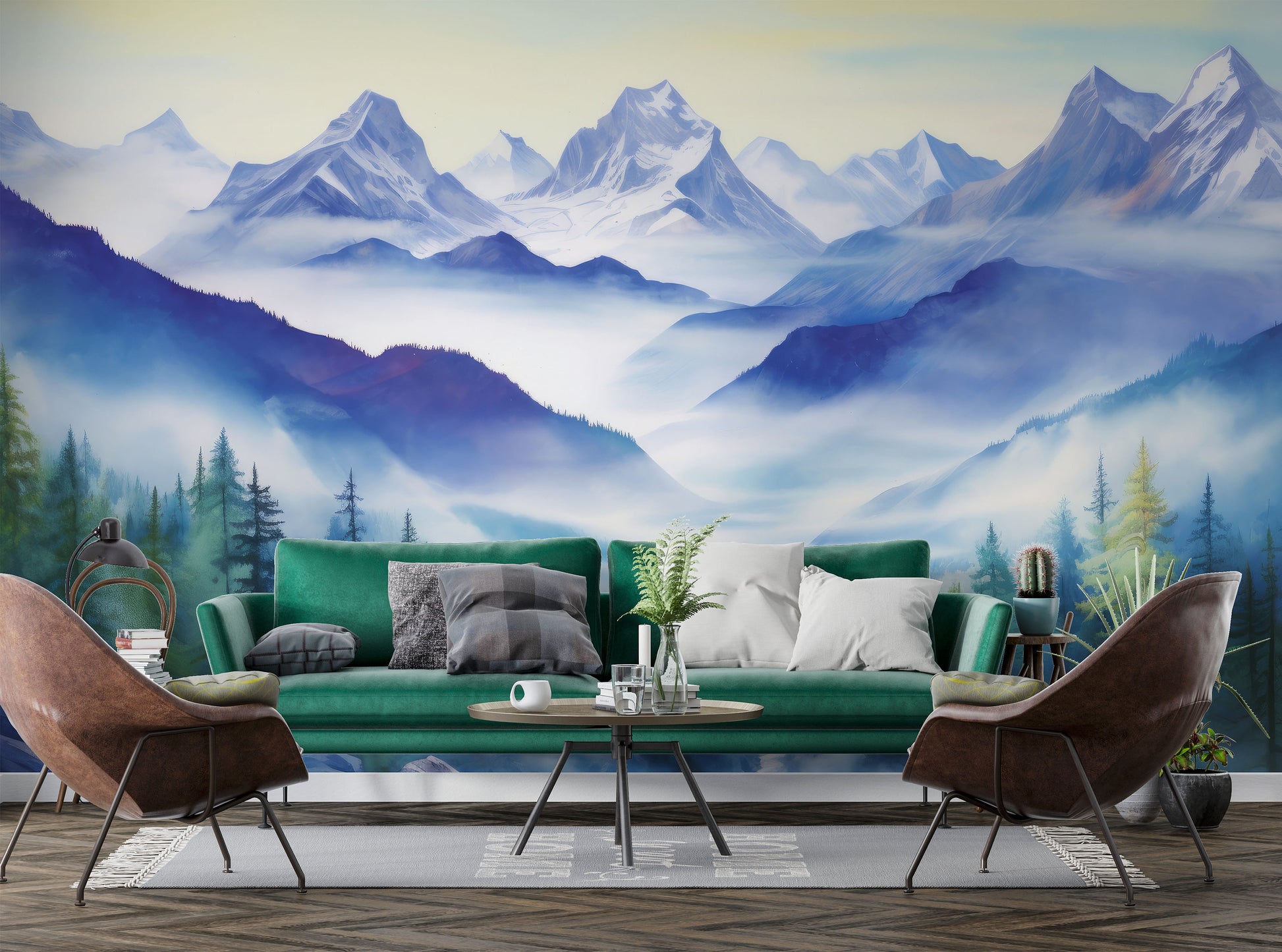 Watercolor Foggy Forest Mountain Wallpaper – alternate view, Golden Era Walls