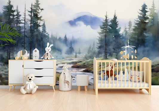 Watercolor Pine Tree Forest Wallpaper – detail view, Golden Era Walls