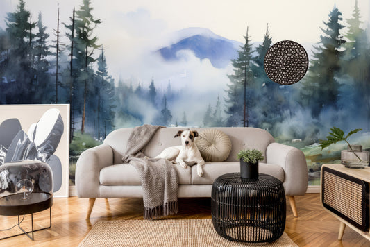 Watercolor Pine Tree Forest Wallpaper – room setting, Golden Era Walls