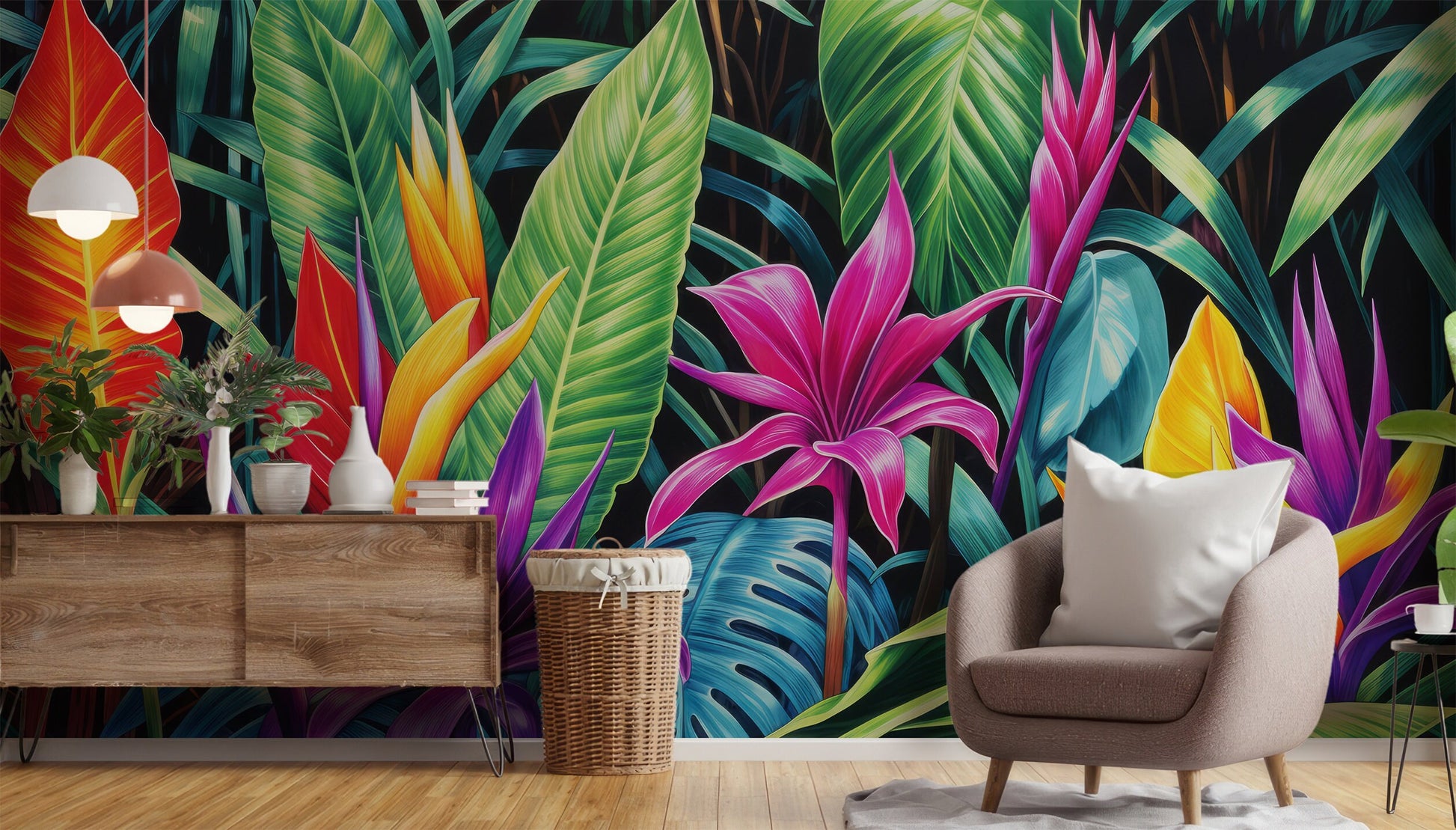 Watercolor Tropical Jungle Bold Floral Wallpaper – scale reference, Golden Era Walls