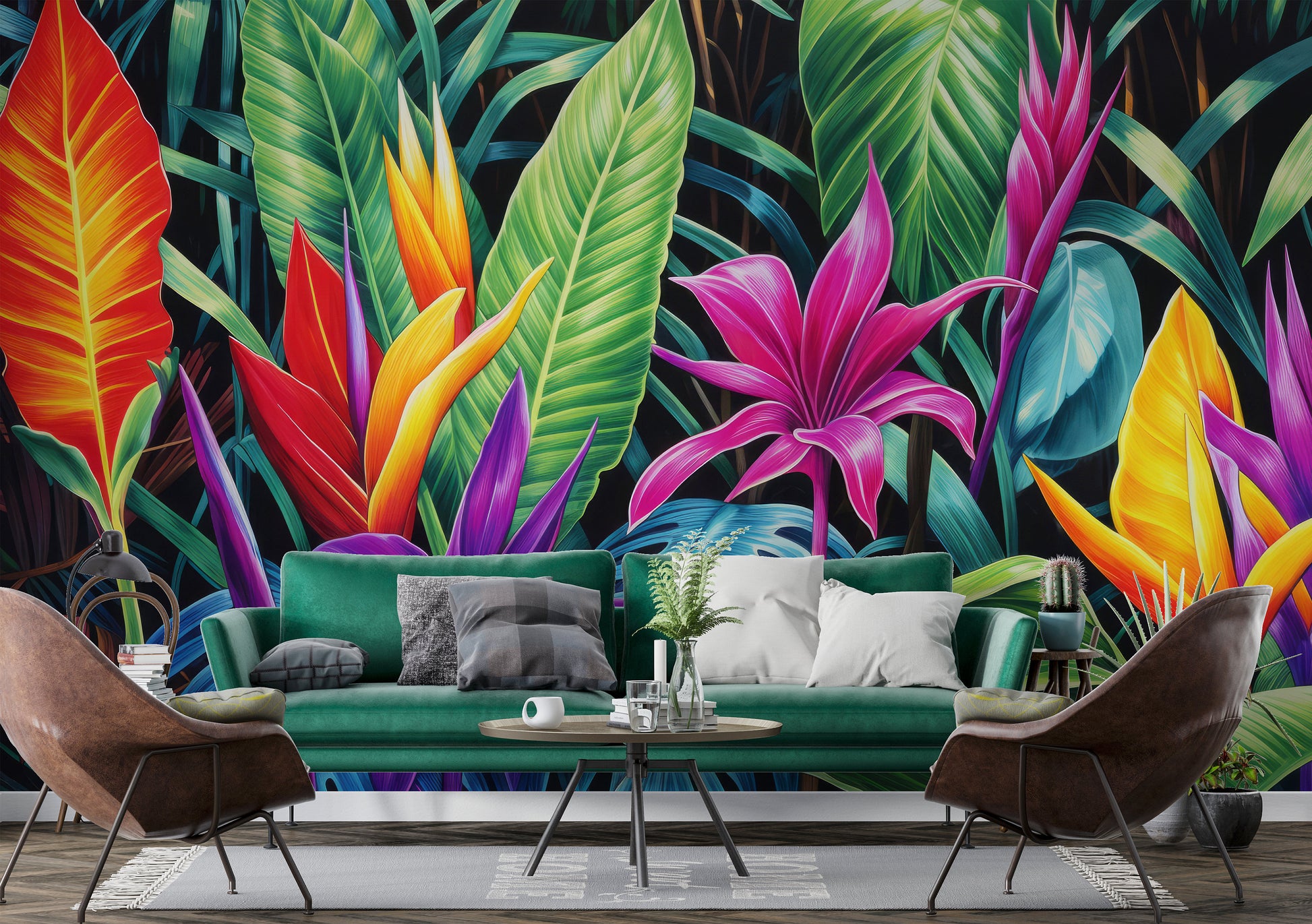 Watercolor Tropical Jungle Bold Floral Wallpaper – peel and stick wallpaper mural, Golden Era Walls