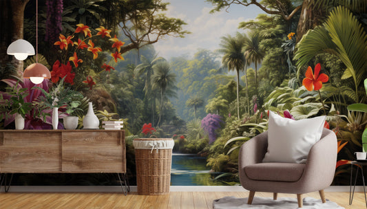 Vintage Forest Watercolor Tropical Wallpaper – peel and stick wallpaper mural, Golden Era Walls