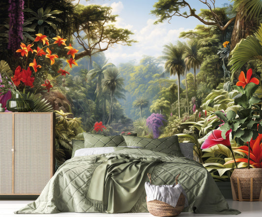 Vintage Forest Watercolor Tropical Wallpaper – lifestyle view, Golden Era Walls