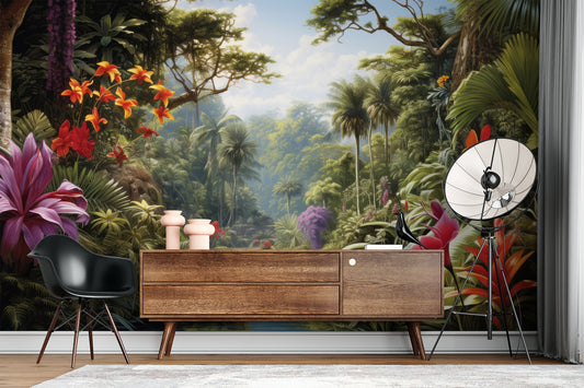 Vintage Forest Watercolor Tropical Wallpaper – room setting, Golden Era Walls