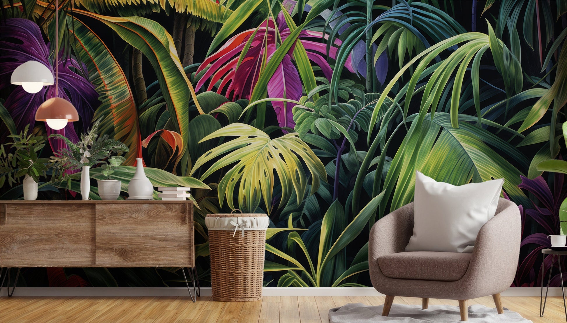 Vintage Exotic Leaves Birds Tropical Wallpaper – lifestyle view, Golden Era Walls