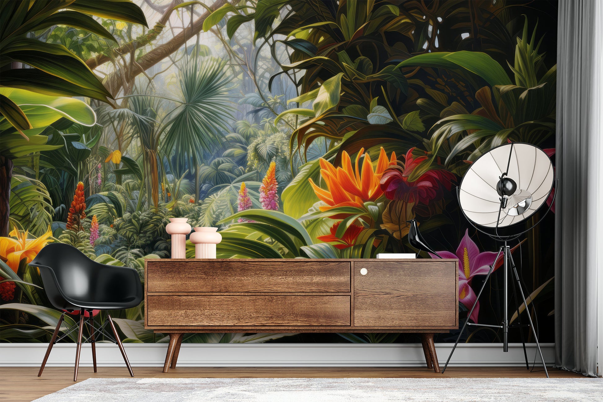 Tropical Forest Green Tropical Wallpaper – room setting, Golden Era Walls