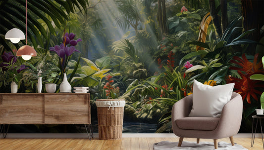 Tropical Rainforest Jungle Landscape Tropical Wallpaper – room setting, Golden Era Walls