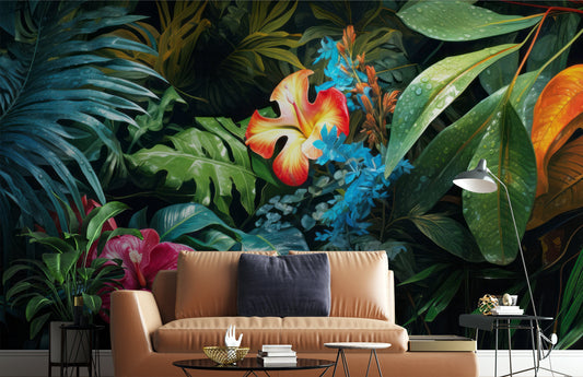 Tropical Leaves Leaf Dark Floral Wallpaper – lifestyle view, Golden Era Walls
