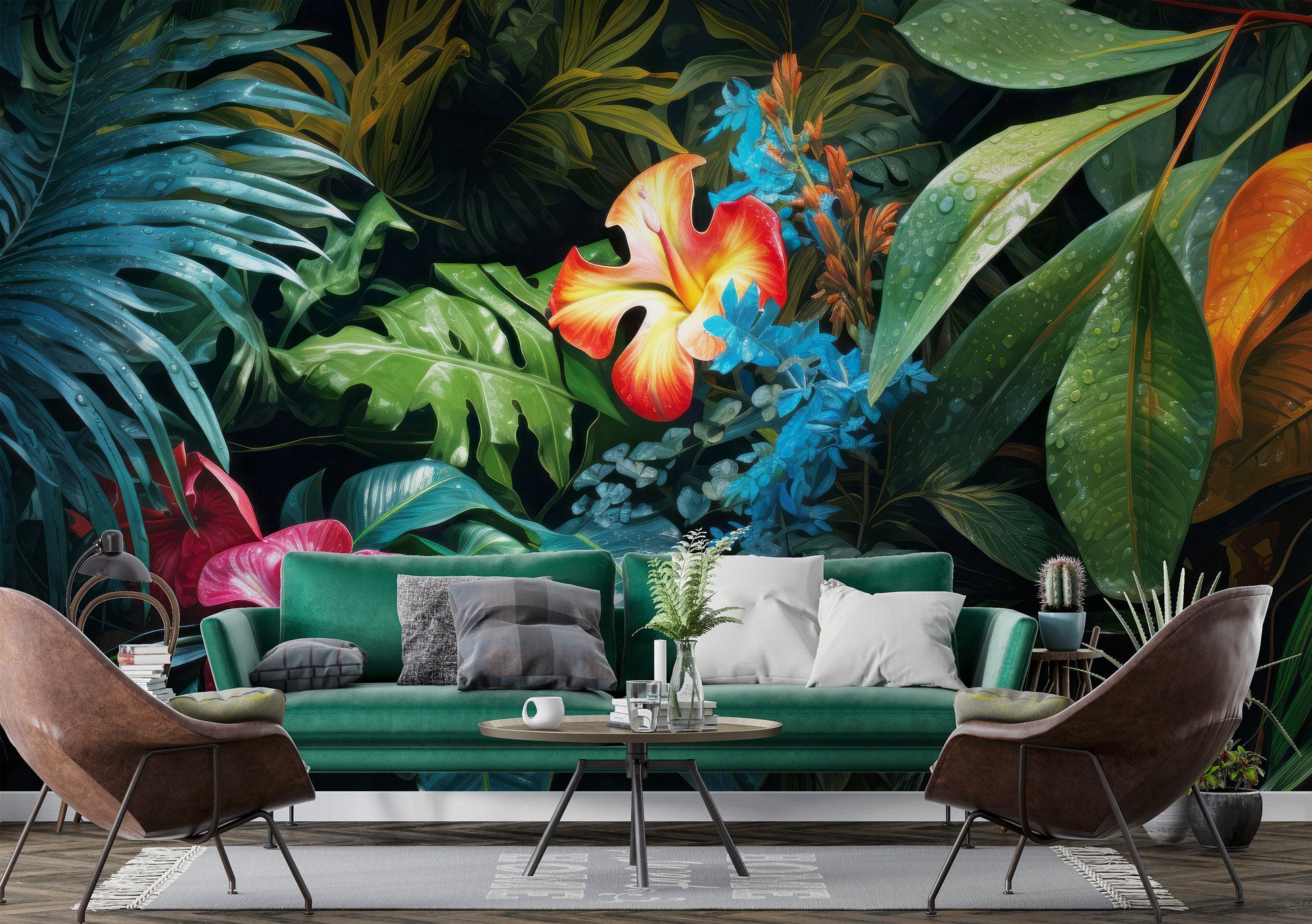 Tropical Leaves Leaf Dark Floral Wallpaper – room setting, Golden Era Walls