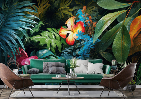 Tropical Leaves Leaf Dark Floral Wallpaper – room setting, Golden Era Walls
