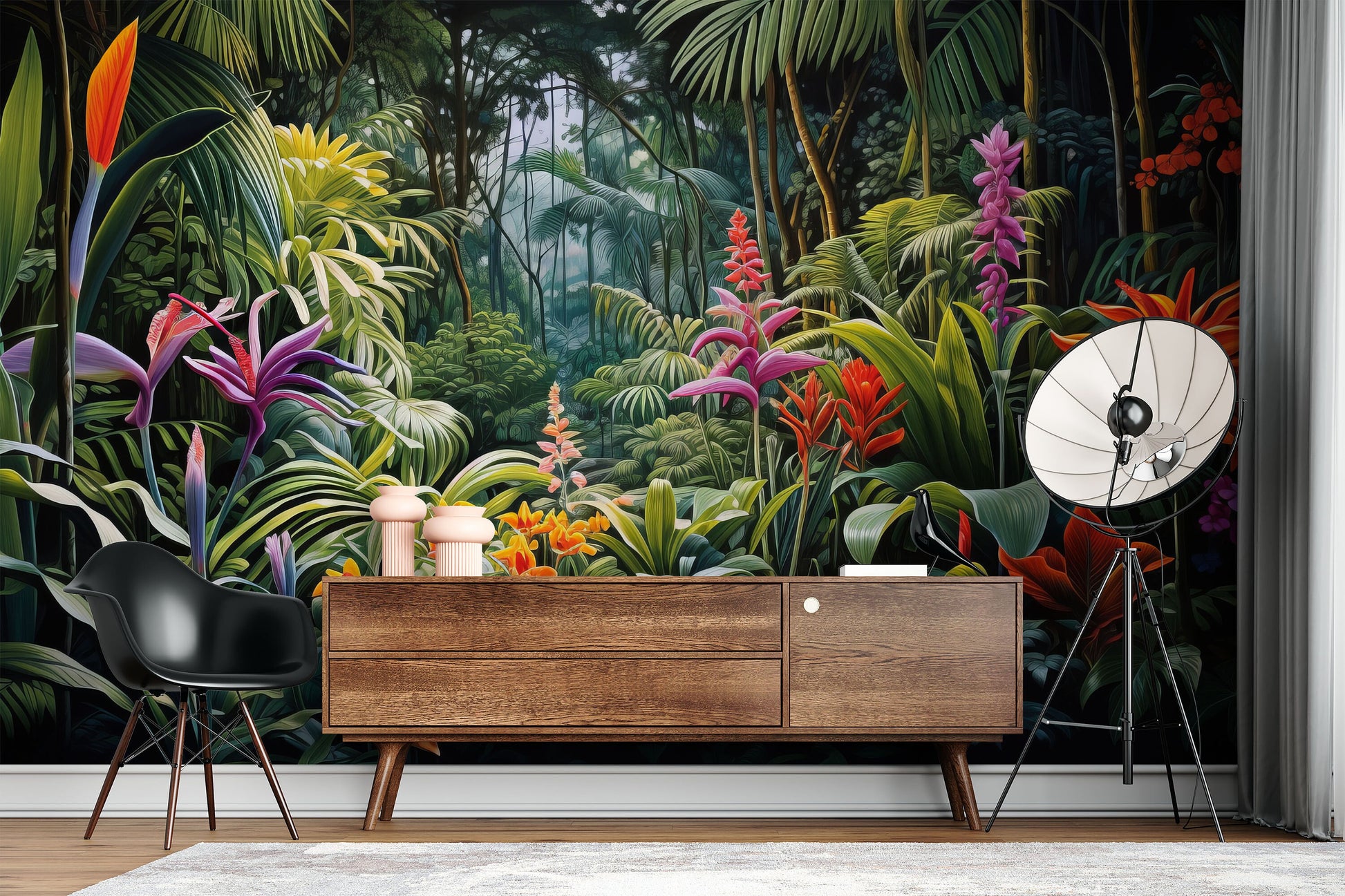 Tropical Forest Landscape Rainforest Tropical Wallpaper – lifestyle view, Golden Era Walls
