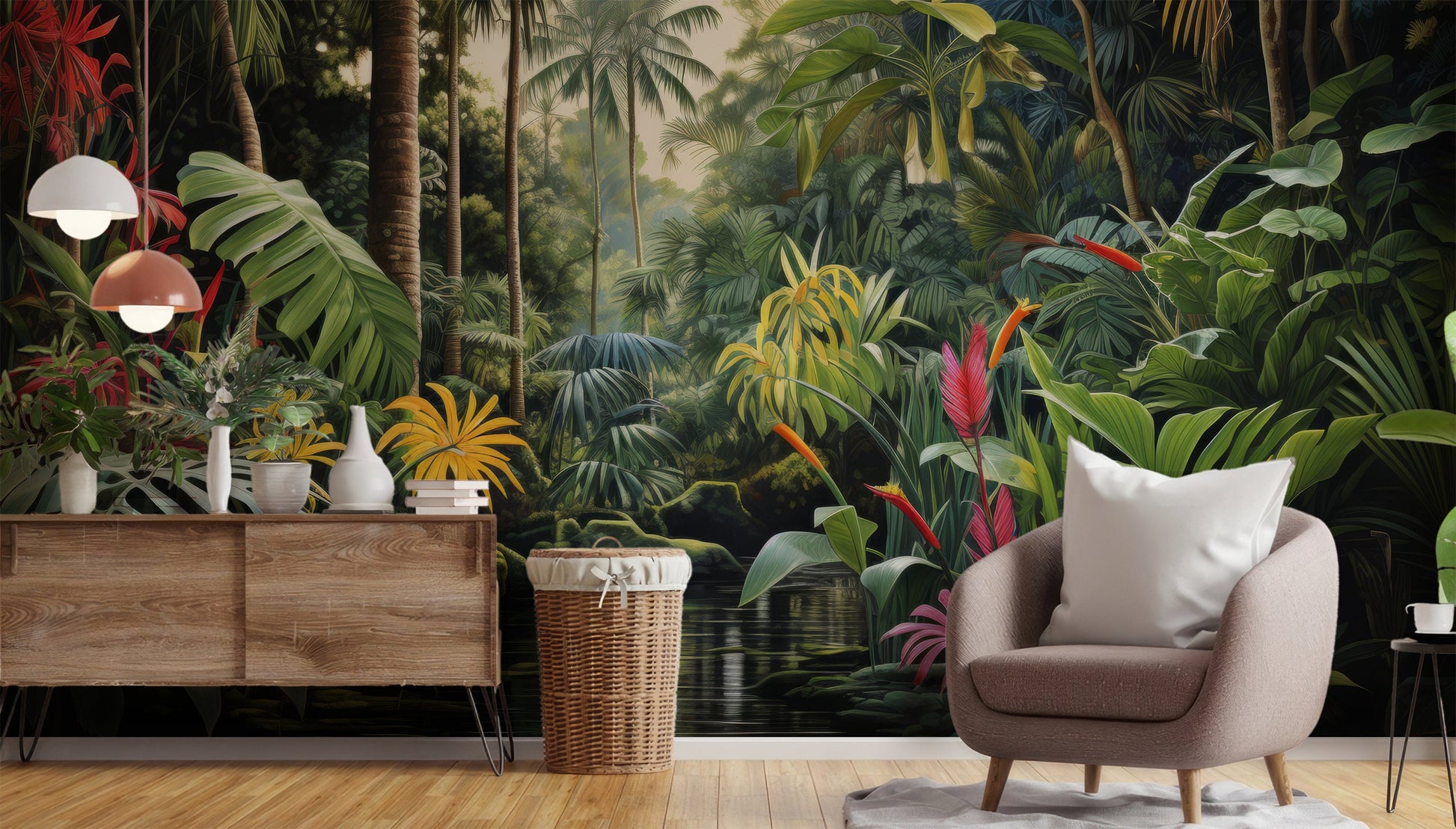 Soft Rainforest Banana Trees Tropical Wallpaper – detail view, Golden Era Walls
