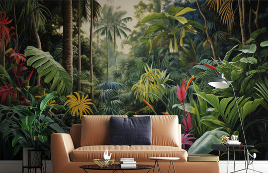 Soft Rainforest Banana Trees Tropical Wallpaper – room setting, Golden Era Walls