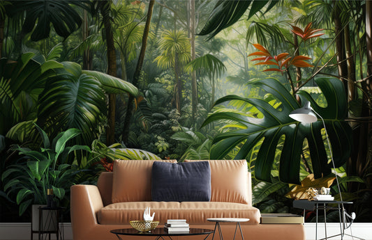 Rainforest Jungle Tropical Green Floral Wallpaper – lifestyle view, Golden Era Walls