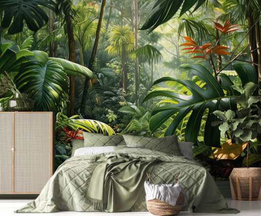 Rainforest Jungle Tropical Green Floral Wallpaper – room setting, Golden Era Walls