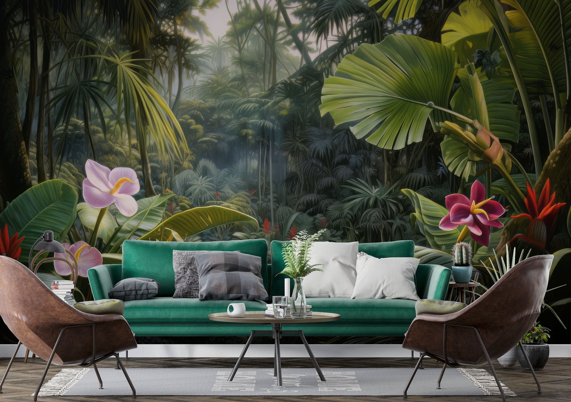 Painted Tropical Forest Plants Floral Wallpaper – room setting, Golden Era Walls