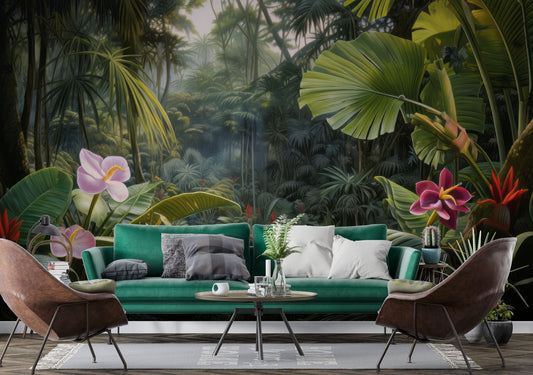 Painted Tropical Forest Plants Floral Wallpaper – room setting, Golden Era Walls