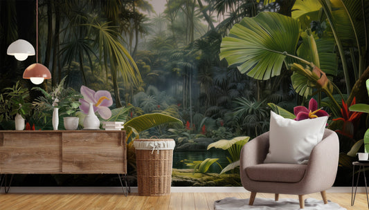 Painted Tropical Forest Plants Floral Wallpaper – detail view, Golden Era Walls