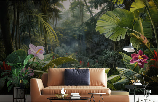 Painted Tropical Forest Plants Floral Wallpaper – lifestyle view, Golden Era Walls